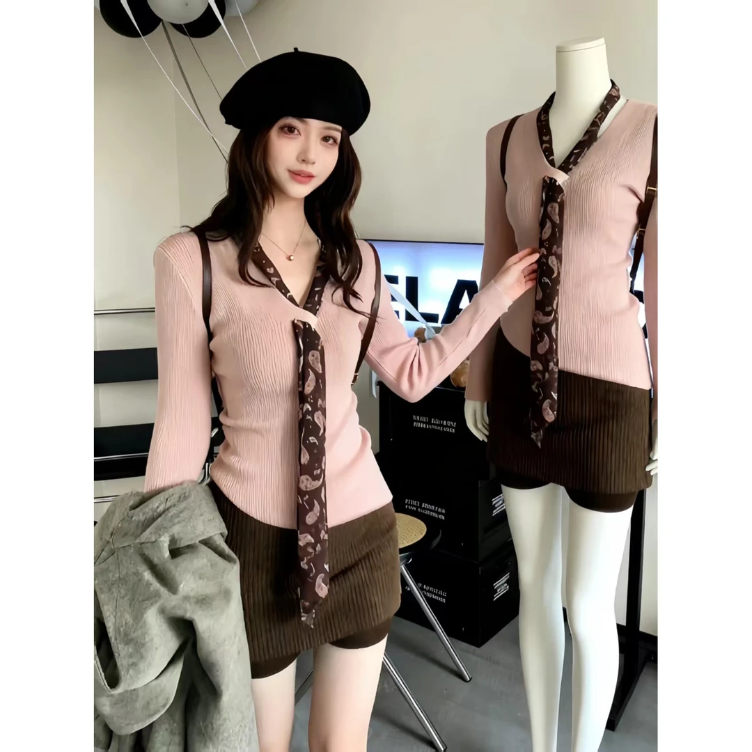 韩系粉色v领丝带针织毛衣女秋冬辣妹风独特超好看内搭打底衫上衣