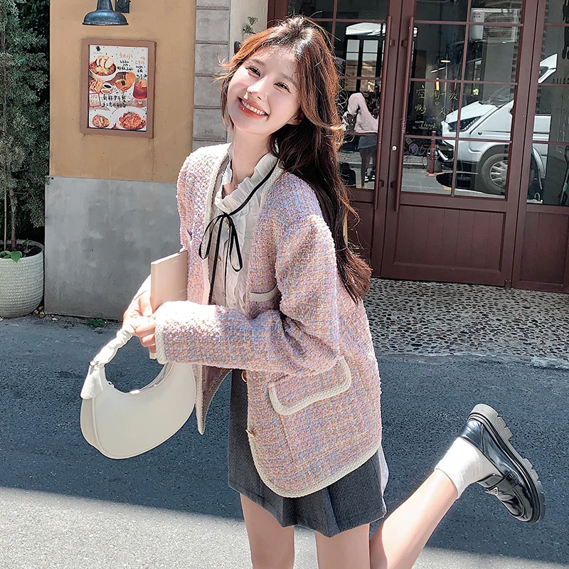 粉色小香风撞色外套秋2024新款韩系甜美名媛风减龄粗花呢短款上衣