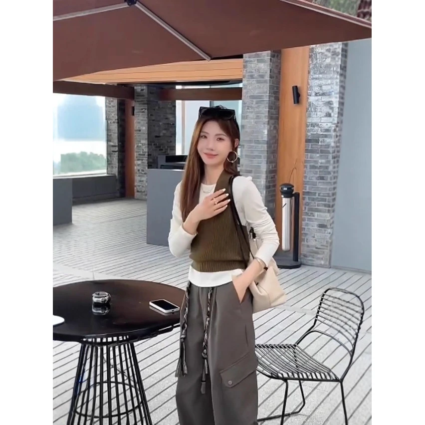 秋季新款挂脖外穿毛织背心+圆领长袖T恤衫两件套女套装上衣裤子