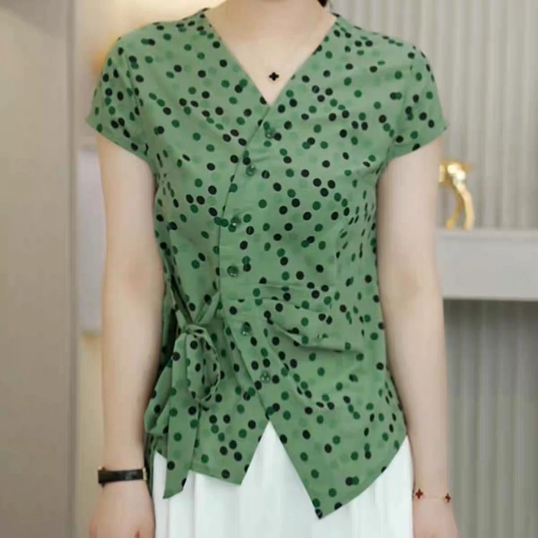 2025夏季时尚洋气新款简约波点系带百搭显瘦短袖减龄收腰印花