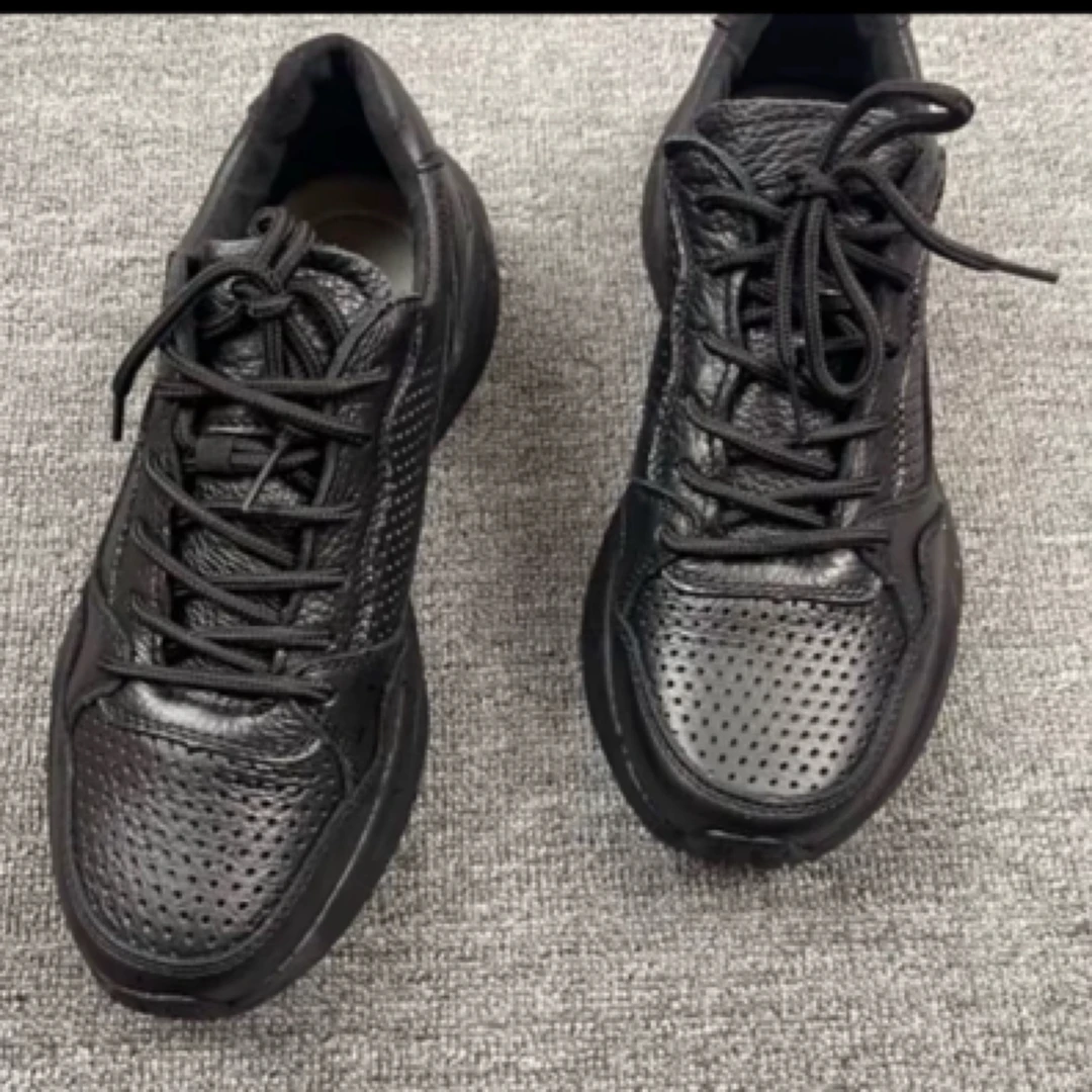 2025新款男士春夏加厚底真皮镂空网面透气真皮防滑耐磨休闲运动鞋