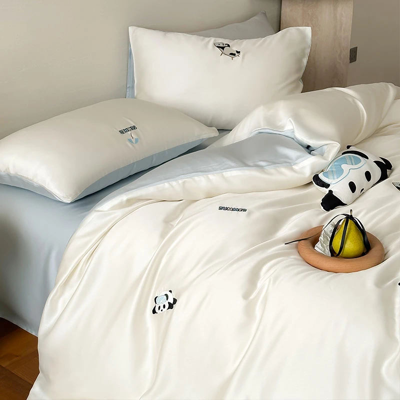 卡通熊猫裸睡天丝三四件套可爱刺绣被套丝滑凉感夏季床单床上用品