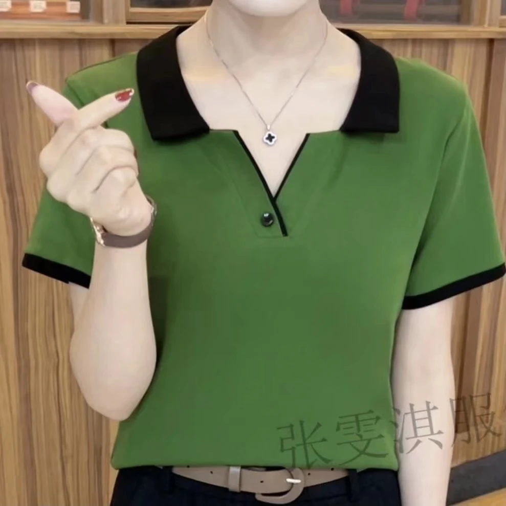 832绿色气质妈妈装翻领短袖t恤女装夏季时尚洋气百搭纯色上衣女