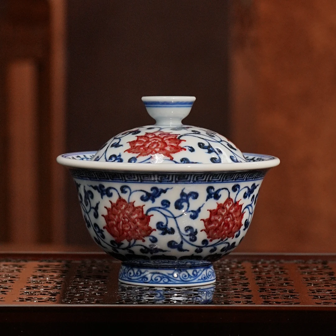 永明尚玩丨 新款缠枝盖碗120ML  景德镇陶瓷纯手工手绘茶杯茶具