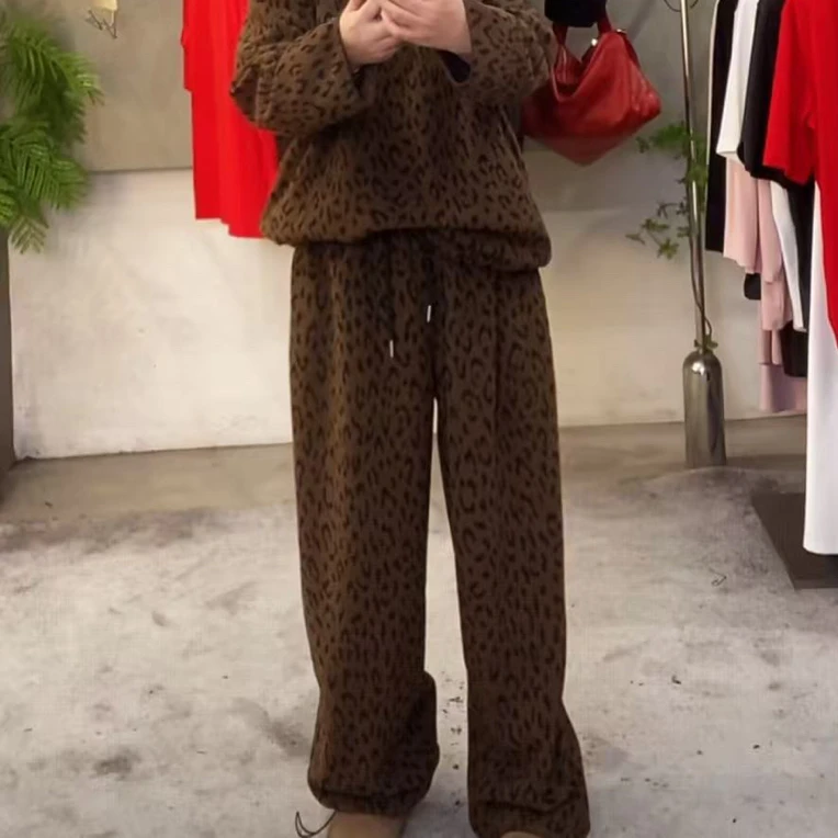 美式豹纹加厚加绒显瘦百搭垂感直筒阔腿裤