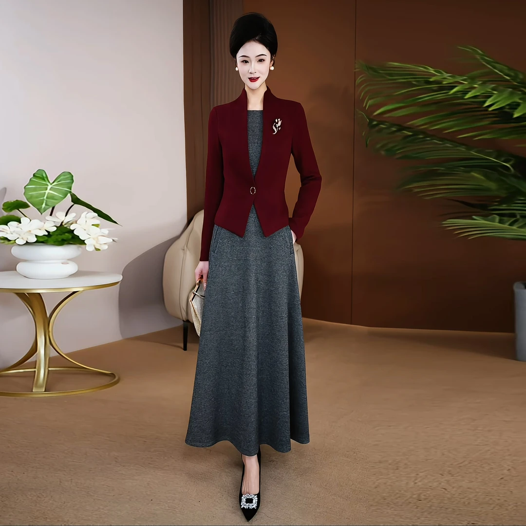 假两件显瘦连衣裙2025初春新款女收腰气质过膝气质长裙1108