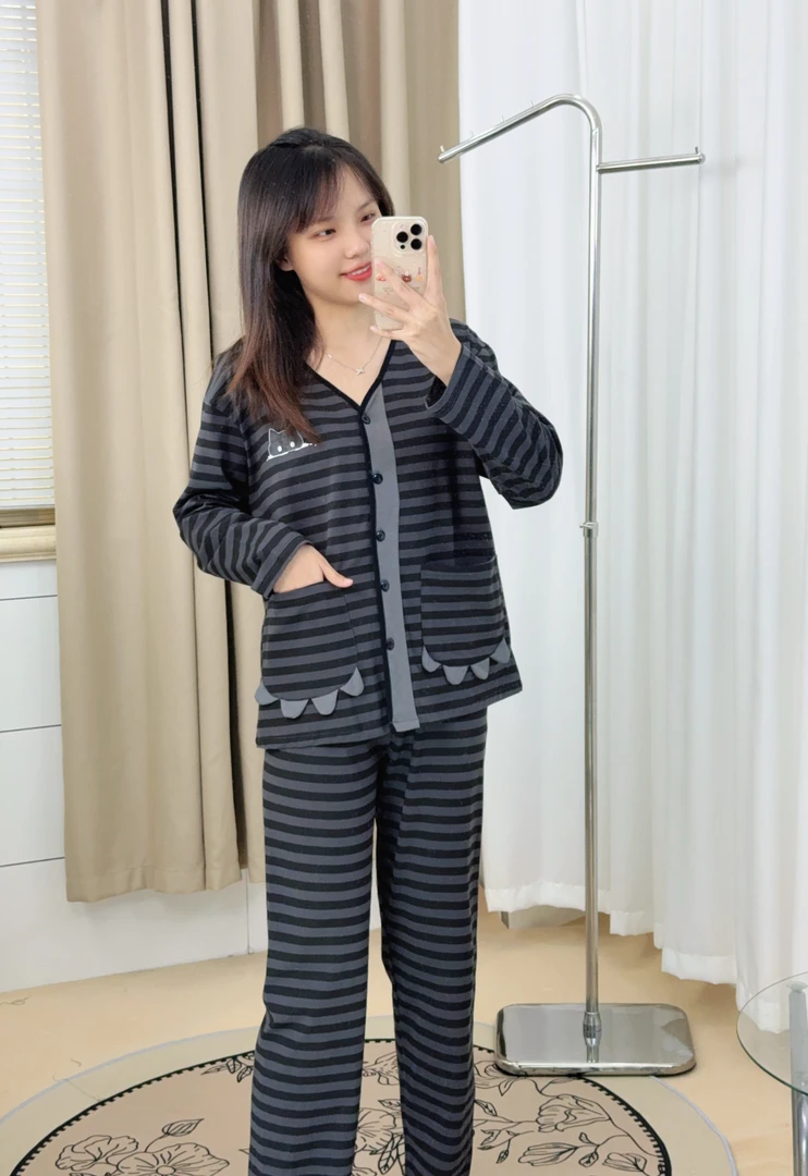 【喵爪兜兜】秋冬开衫新款睡衣家居服长裤翻领开扣女士春秋