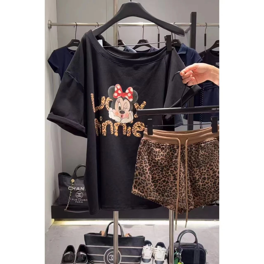 初见家【卡通嘟嘟嘴米妮印花斜开肩T恤】小众设计大板宽松短袖上衣