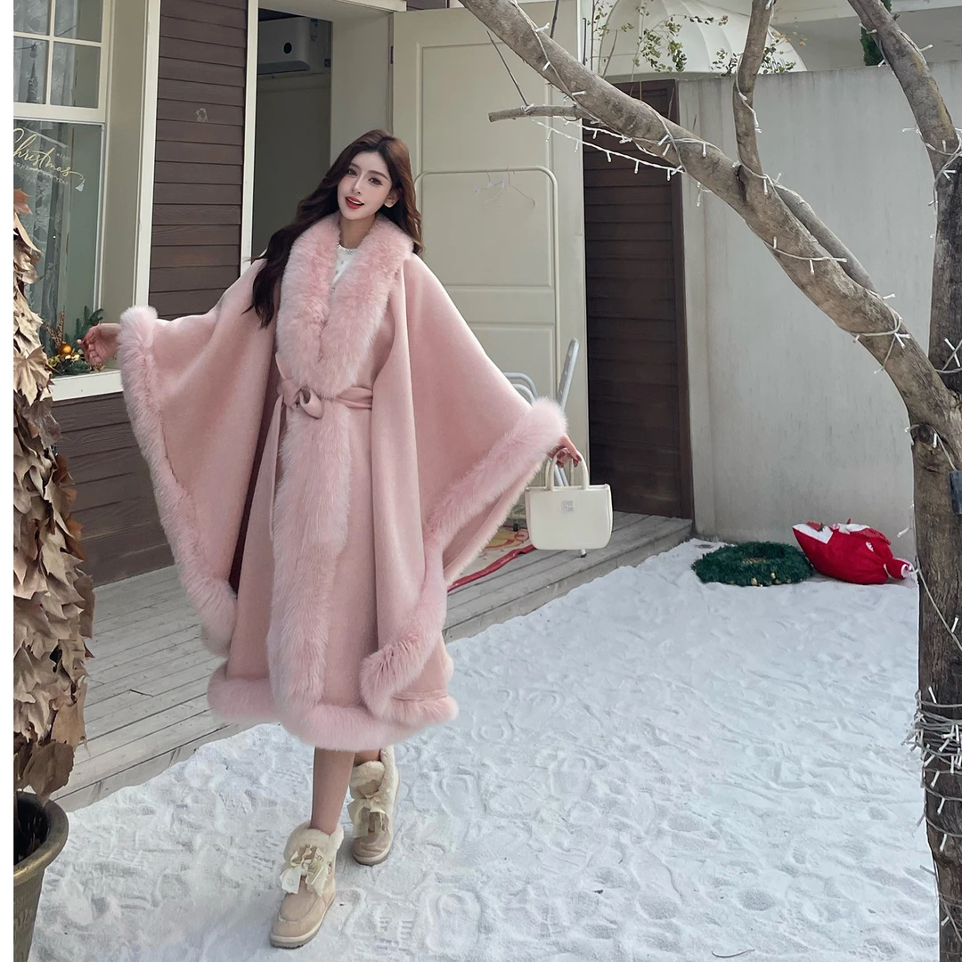 美荔自制 【粉黛佳人】秋冬新款羊毛双面呢狐狸毛斗篷长款皮草披肩