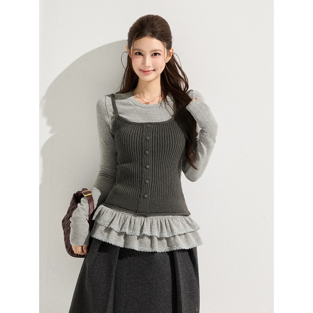 谢不肉 花边蛋糕百搭长袖T恤秋外搭休闲毛织吊带上衣套装50945