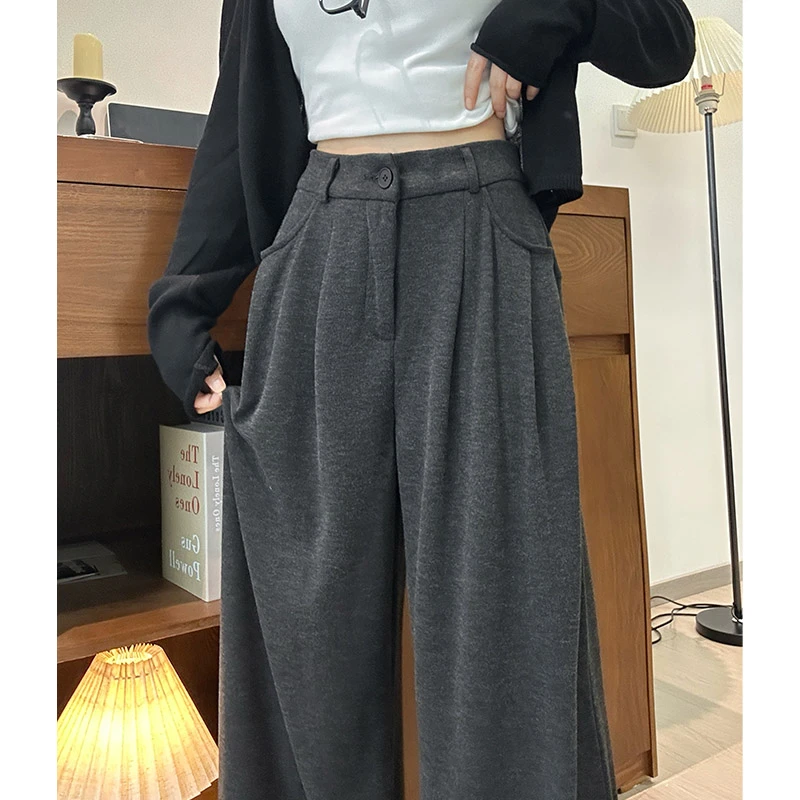 深灰色糯米裤女2025秋款爆款高腰松紧宽松显瘦垂感直筒阔腿休闲裤