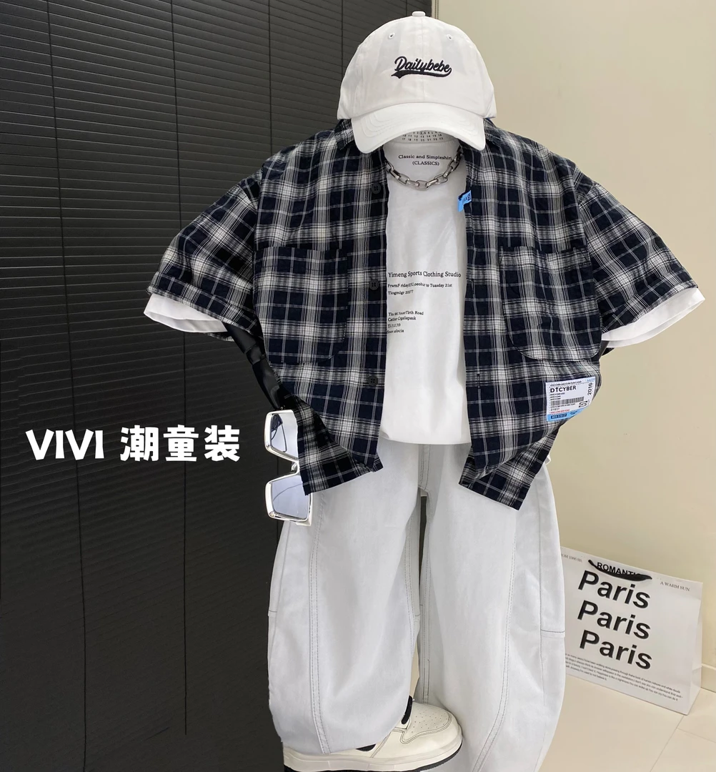 VIVI童装 2025夏款潮流中大童黑白格子刺绣字母短袖衬衣外套