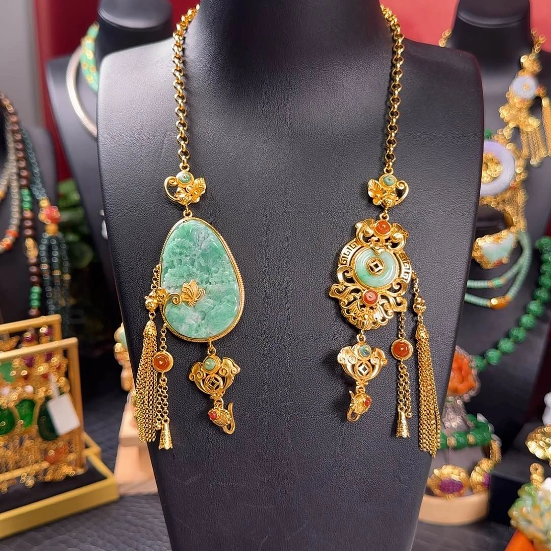 翡翠银S925镀金镶嵌项链万能链