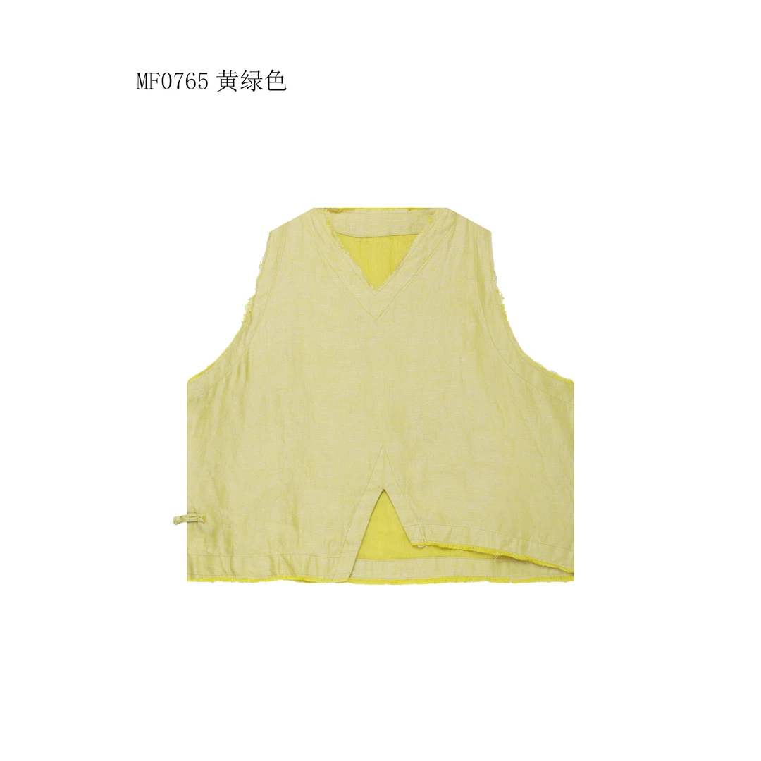 【麻訪家】MF0765黄绿色文艺复古盘扣设计感百搭马夹上衣