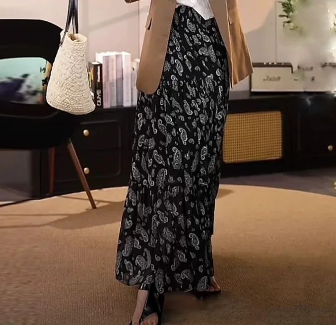 法式女装佩斯里花纹雪纺设计碎花半身百褶裙女裙子2025春夏