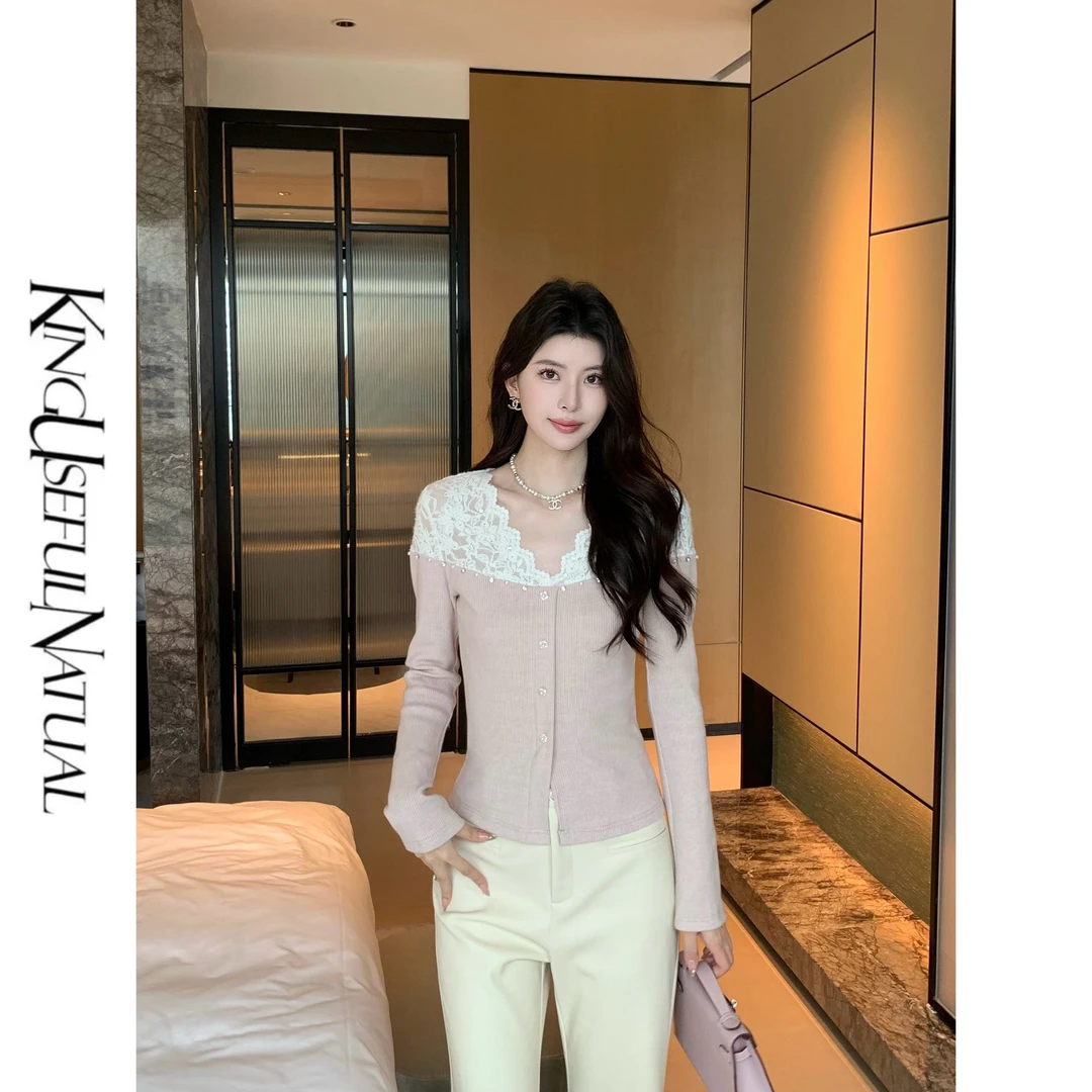 KUN【千寻】美丽拼接 藕粉银丝针织磨毛蕾丝秋冬百搭上衣