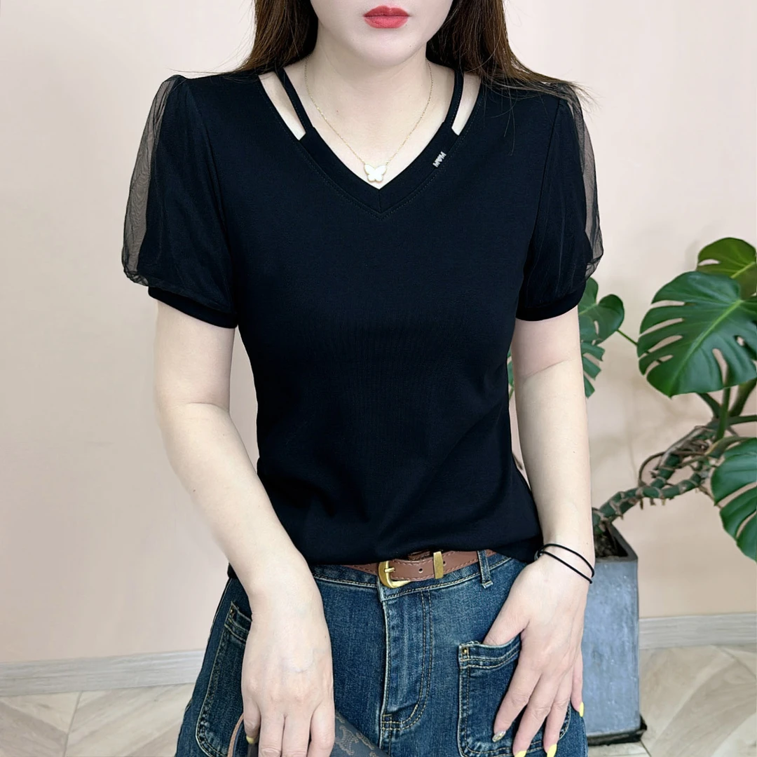 2025夏季新品时尚百搭修身显瘦纯色V领设计款女士短袖上衣7989