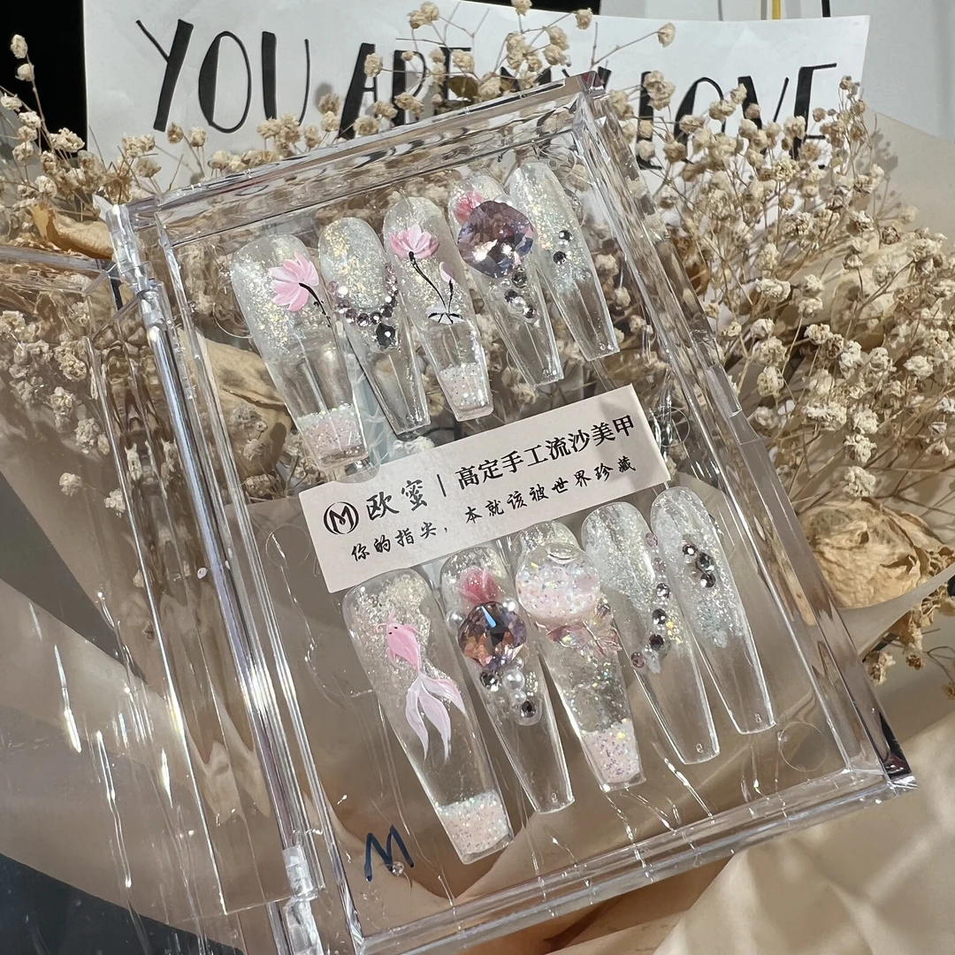 夜光【荷】纯手绘高级定制手绘雕花纯手工穿戴甲雕花春季新款显白