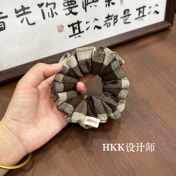 HKK原创小众米咖格子褶皱发圈