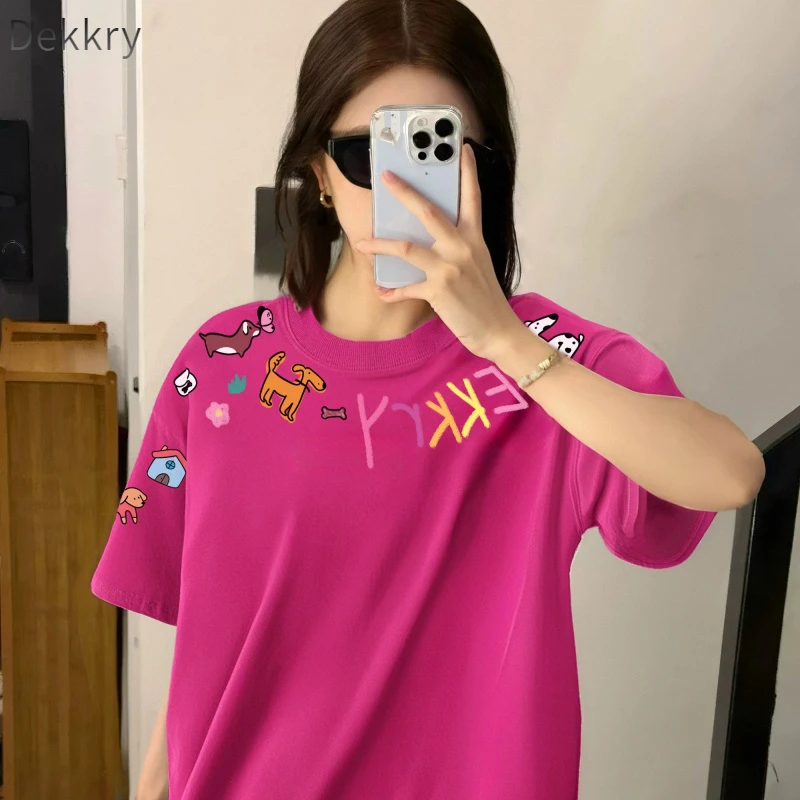 Dekkry情侣短袖宽松型夏季印花T恤针织半袖火龙果色卡通潮流