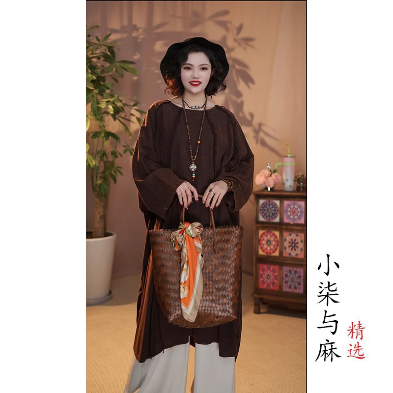 【小柒与麻】来去缝8片手工拉毛裙袍（衣长113胸围不限）咖啡色复古