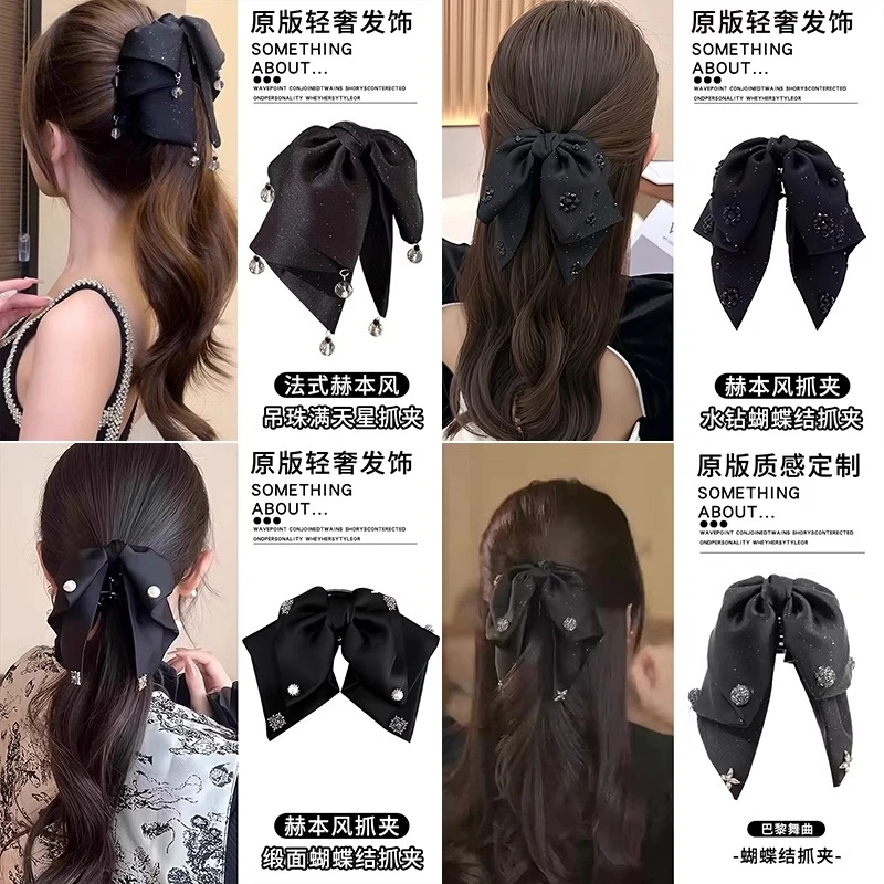 气质复古缎面双层蝴蝶结女黑色法式赫本风懒人马尾抓夹显发量发饰