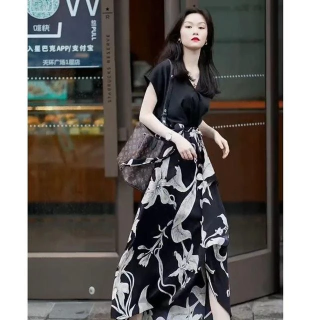 法式赫本风假两件拼接印花连衣裙女夏季欧货大码收腰显瘦气质长裙