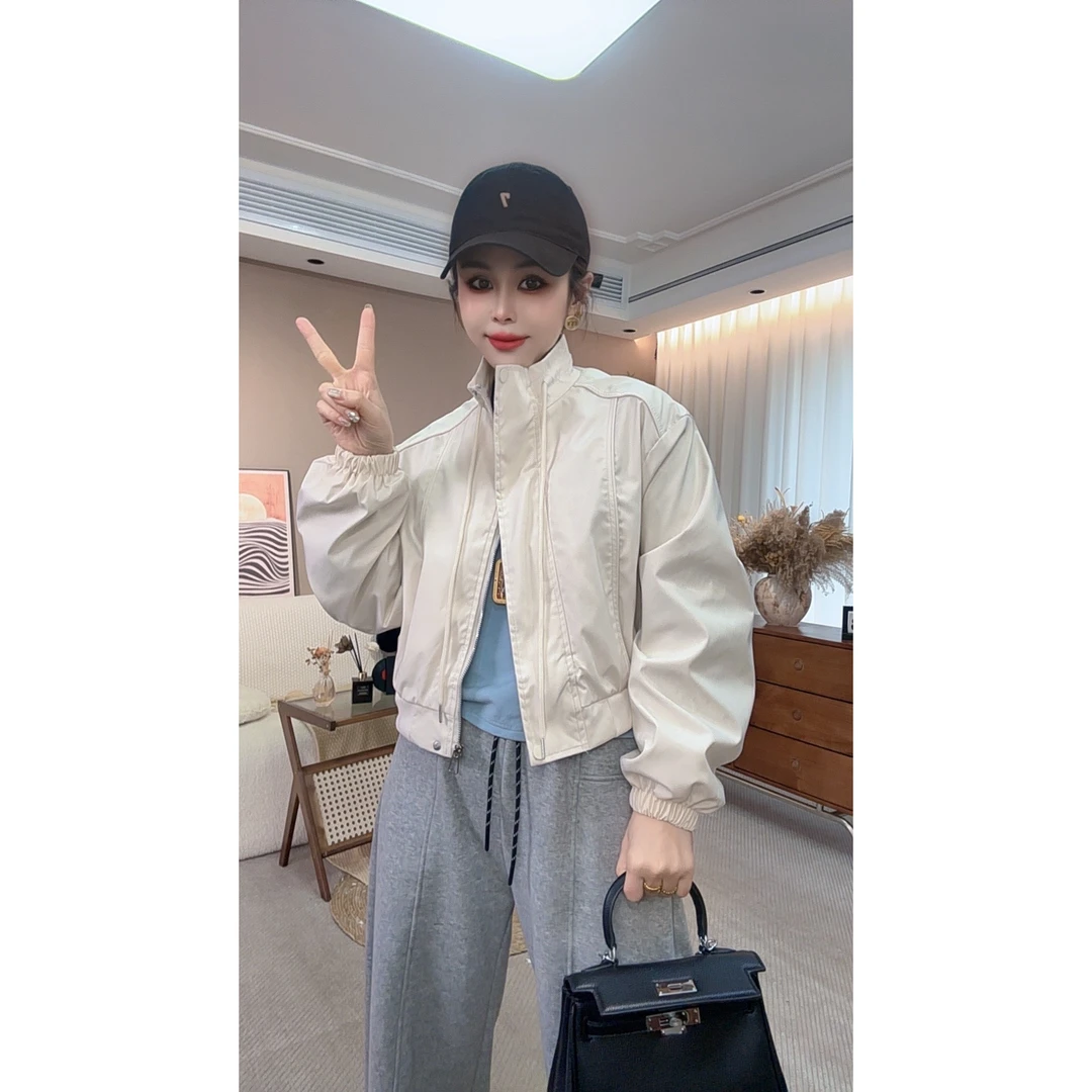 2025春秋新款时尚纯色长袖立领短款休闲夹克宽松百搭外套女上衣