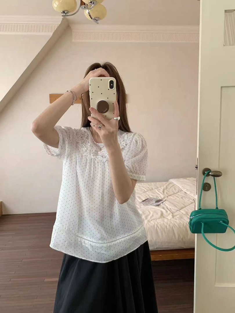 6770 土布鱼双层木耳边韩系波点小衫