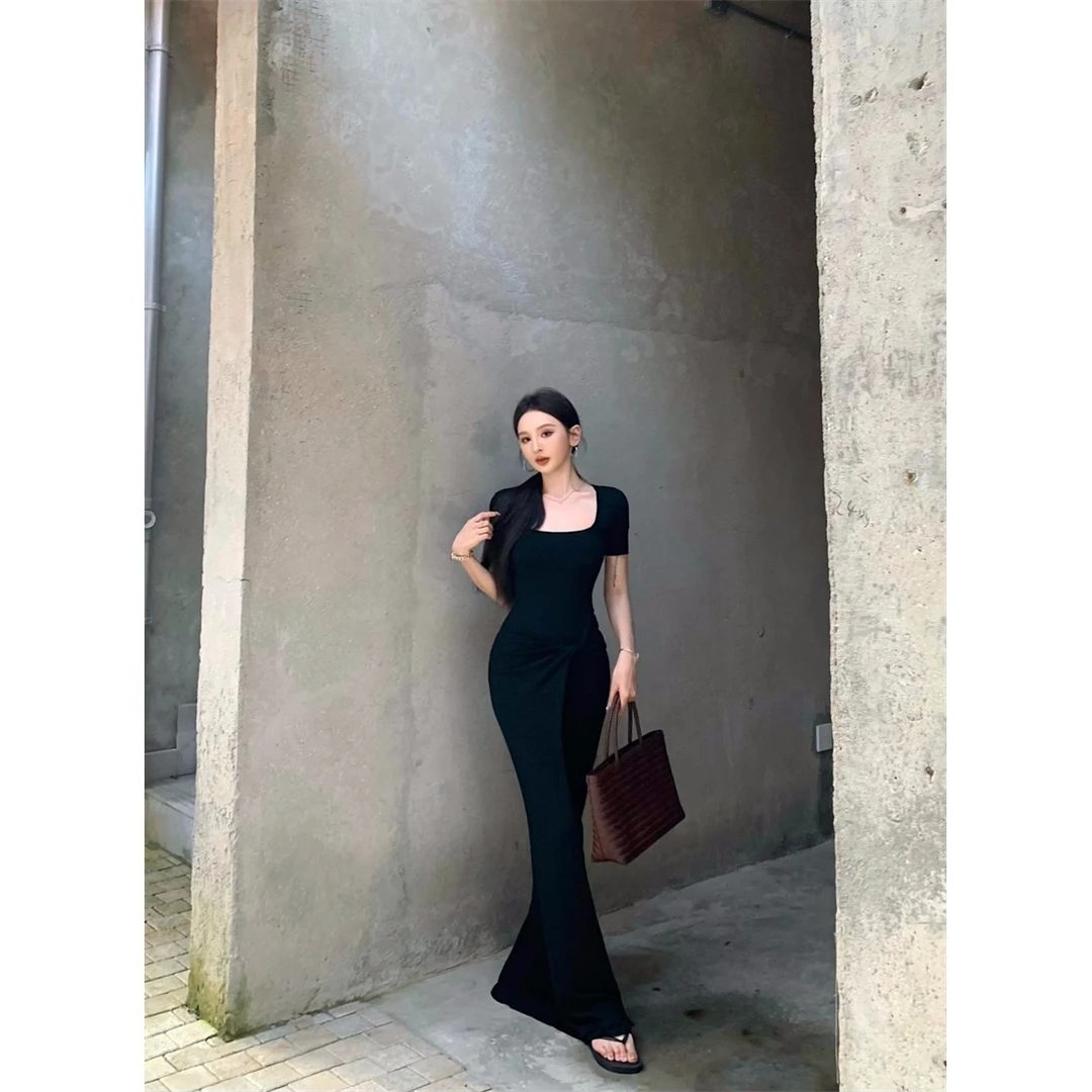 御姐风设计感修身显瘦短袖连衣长裙#A788
