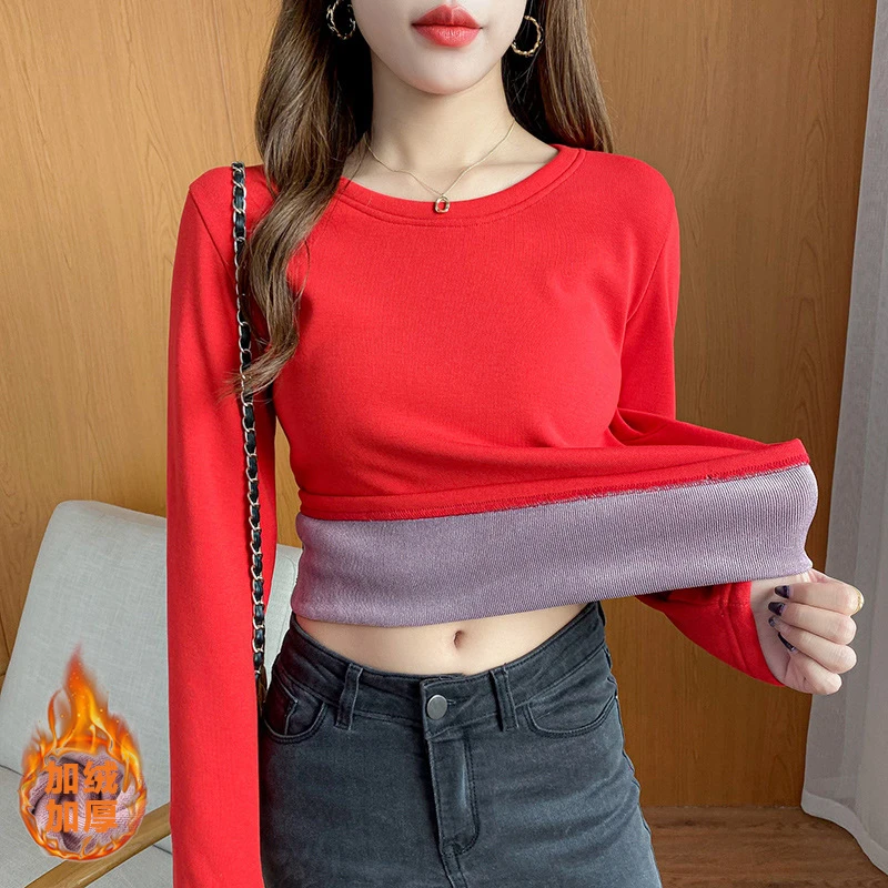 实拍秋冬保暖长袖女加绒加厚新款一体绒圆领保暖上衣内搭女打底衫