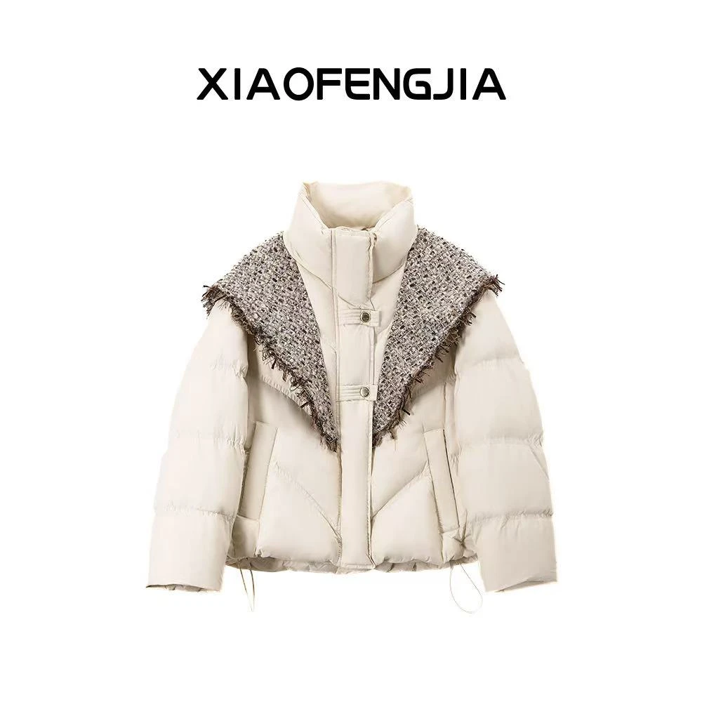 2024冬季新款【四季青小封家轻奢】时尚拼接编织披肩立领羽绒服5505