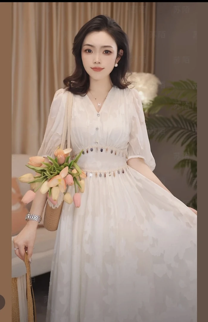 苏陌裙子女款爆款新款南油立体花朵白色春款连衣裙白月光今年夏季