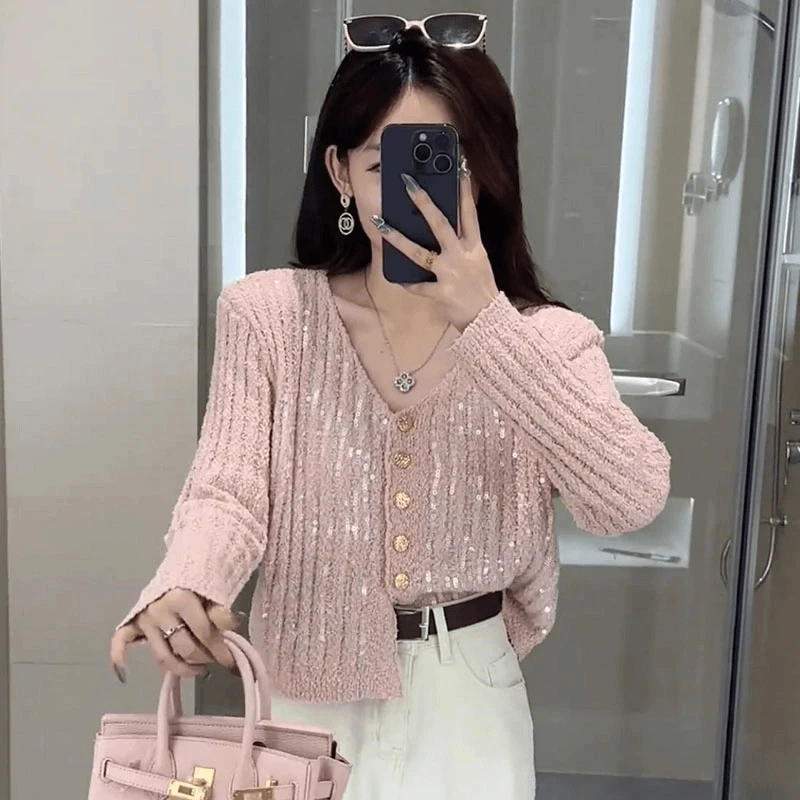 小个子短款亮片v领针织开衫早春新款时尚气质显瘦薄款毛衣上衣女