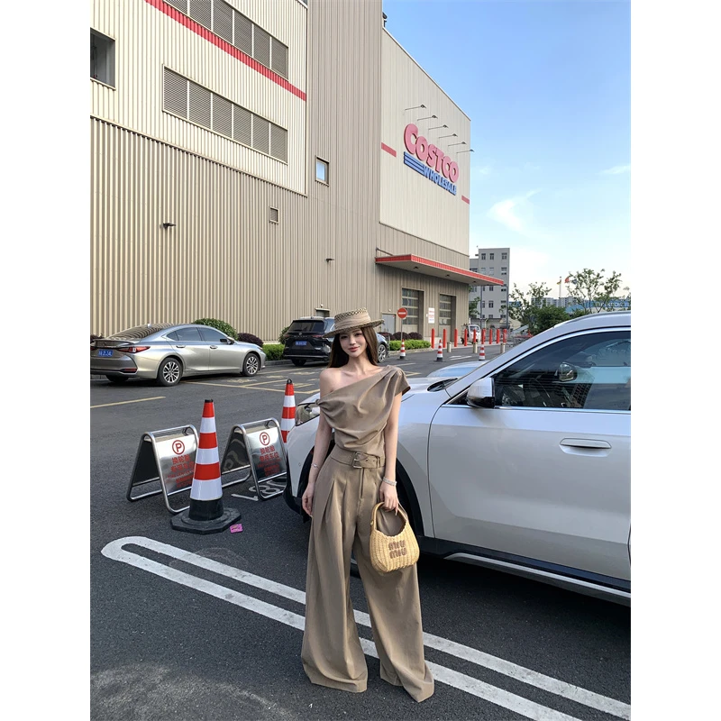 法式别致不规则抹胸阔腿裤套装女设计感上衣气质西装长裤两件套女