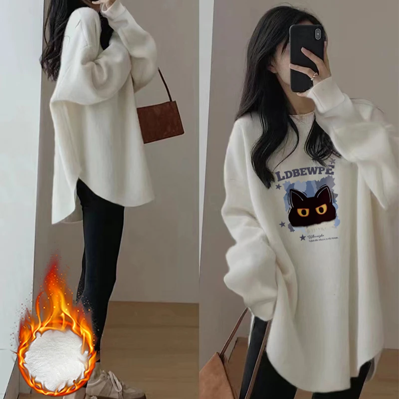 德绒中长款长袖T恤女士秋冬高级感白色可外穿加厚打底衫百搭上衣