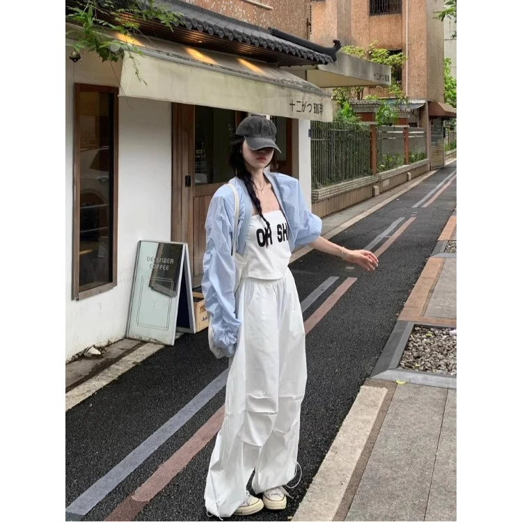 2025夏季防晒开衫辣妹内搭抹胸背心运动抹胸高腰阔腿休闲裤三件套