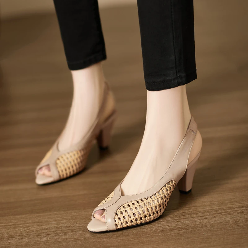 修悦女鞋~7cm气质高跟鞋杏色编织凉鞋女性感鱼嘴鞋后空松紧罗马鞋