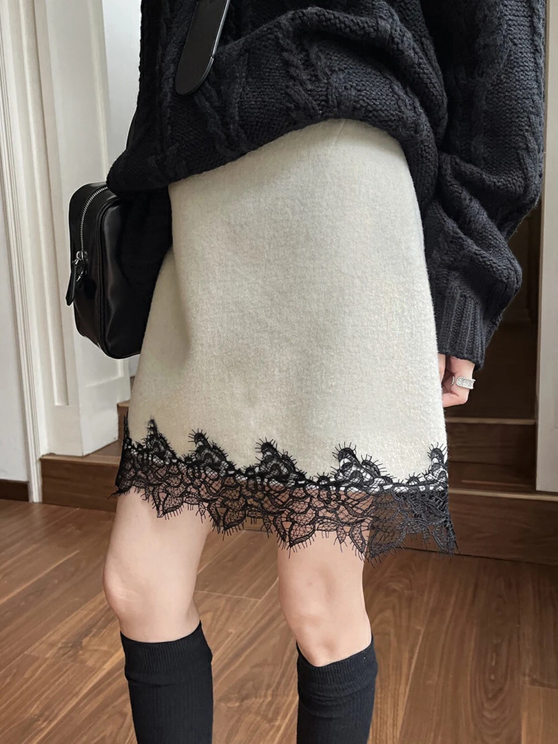 秋冬韩系时尚高腰显瘦包臀A字休闲百搭拼接蕾丝毛呢半身裙