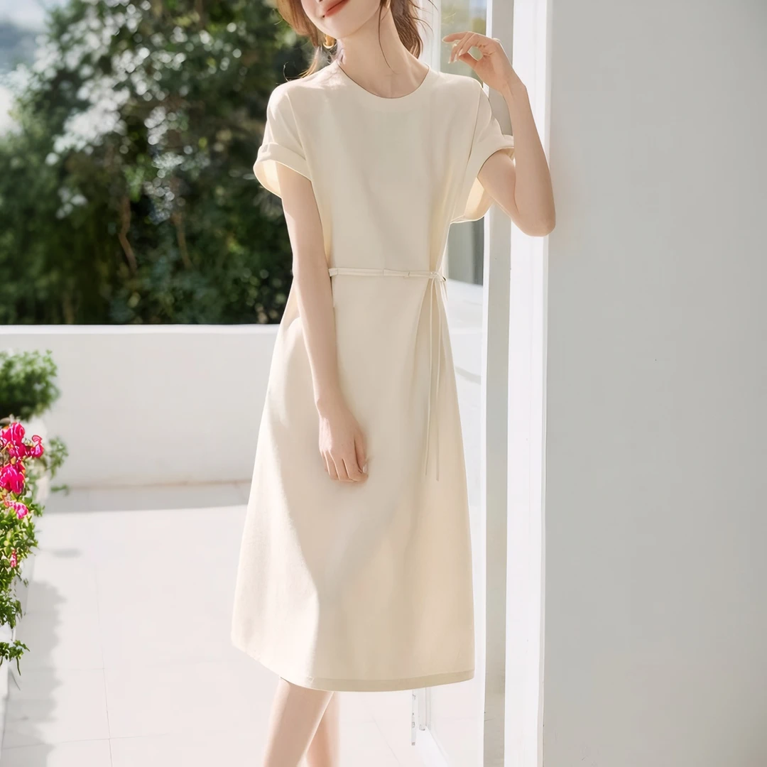 轻国风休闲感T恤式连衣裙2025夏季新款百搭显瘦短袖中长款连衣裙