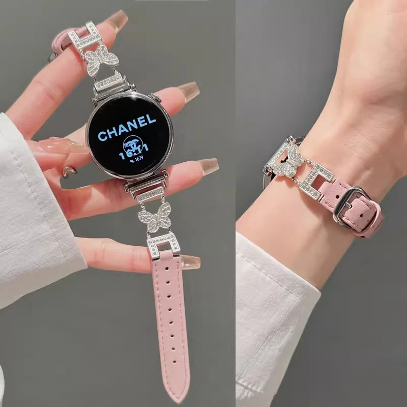 适用华为gt5表带镶钻蝴蝶拼皮质轻奢gt4女款表链watch4 pro荔枝纹