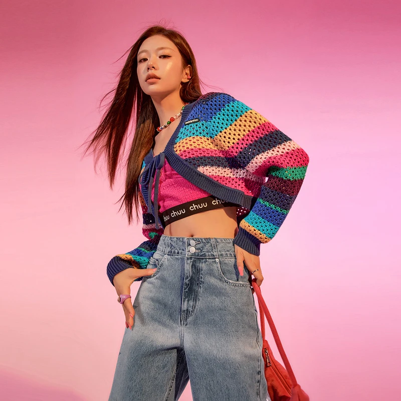 2224【马琦尧专属】CHUU条纹撞色感民族风镂空短款百搭小众外套-Y