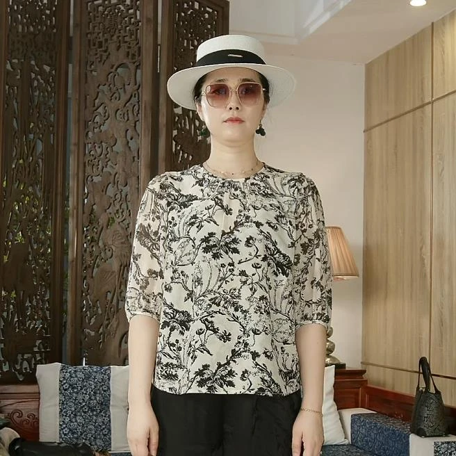 品叔&精工 · 桑蚕丝双绉设计印花圆领中袖上肩上衣