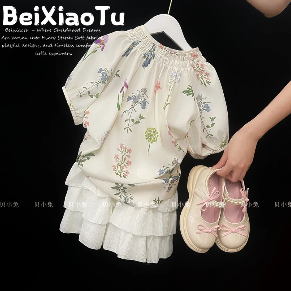 甜美学院风女童夏装森系套装高腰碎花短袖娃娃衫蛋糕短裙子两件套