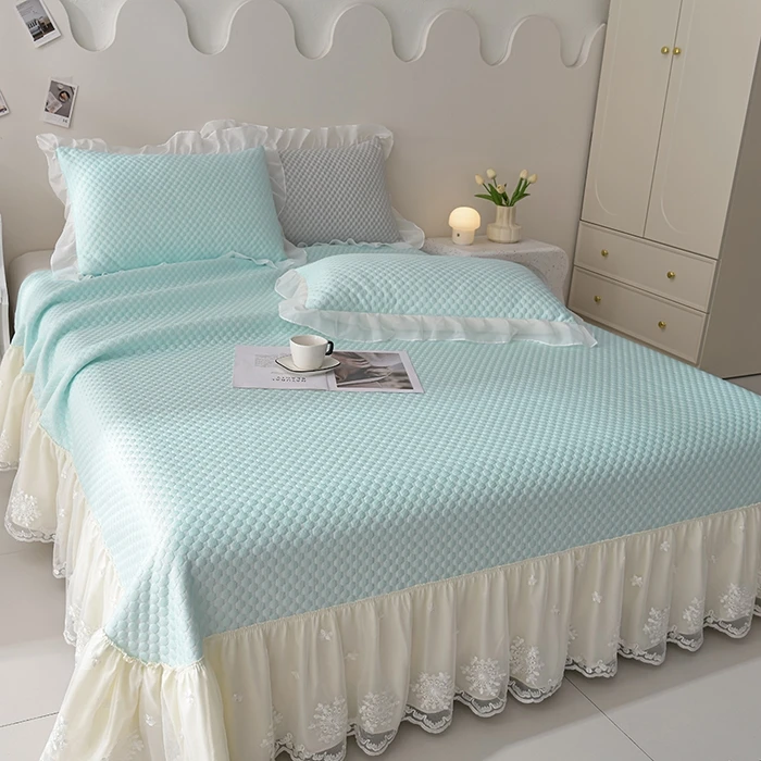 【蕾丝花边款】A类冰丝豆豆凉席三件套床裙款公主风可机水洗软席子