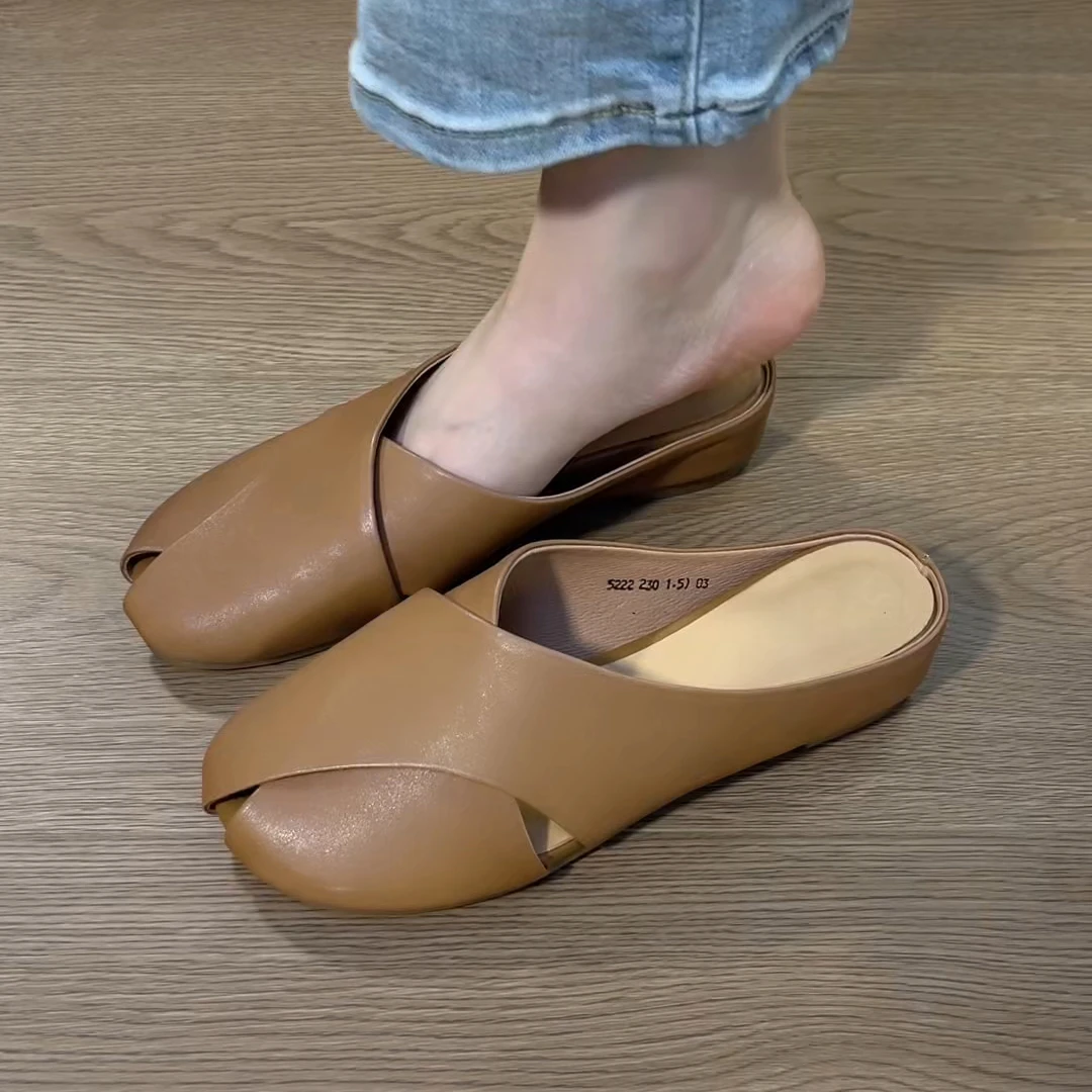 头层牛皮软皮软底拖鞋2025年夏季新款舒适百搭复古增高包头半拖鞋