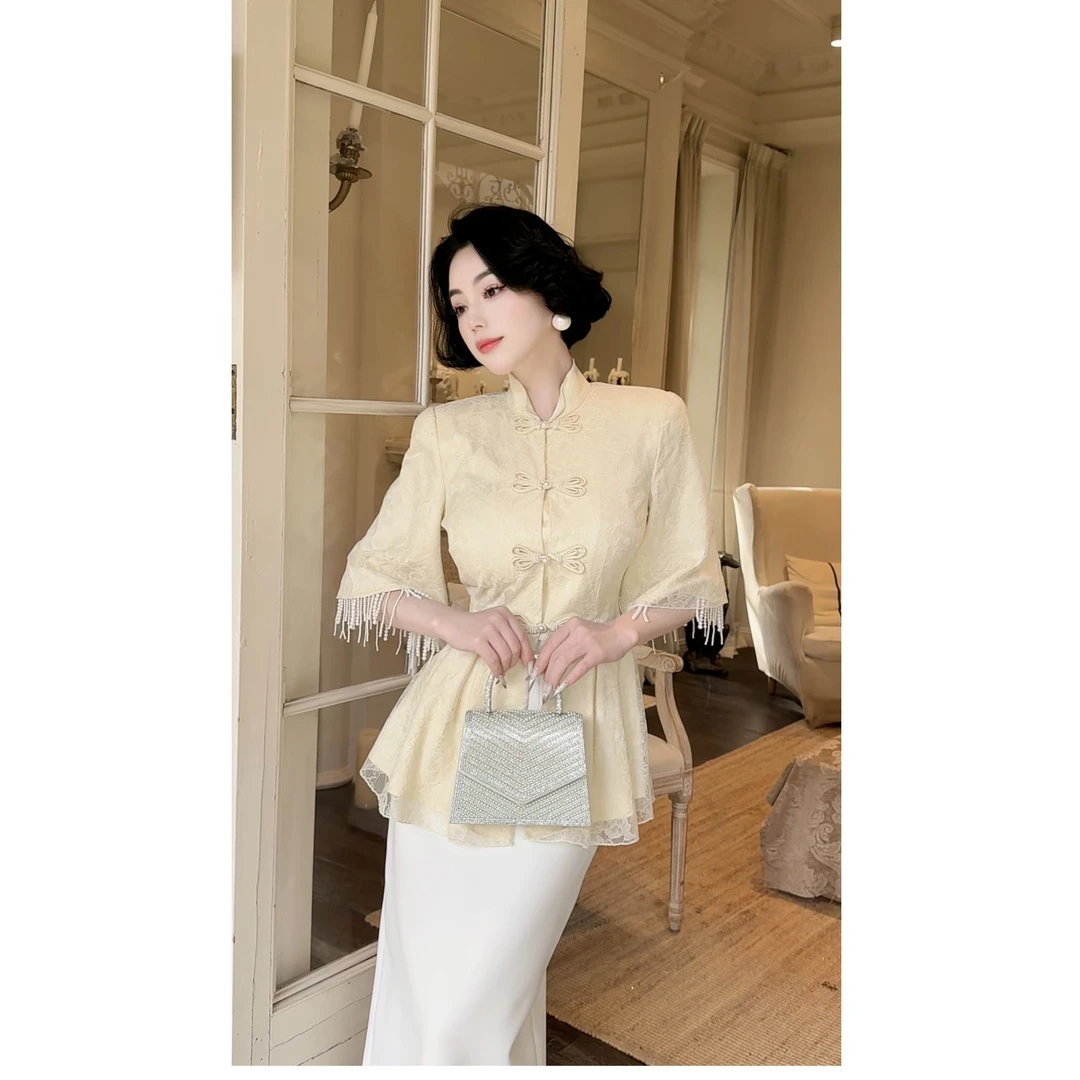 LYXJ【奢沪时代】新中式上衣2025春新款收腰显瘦气质流苏蕾丝上衣