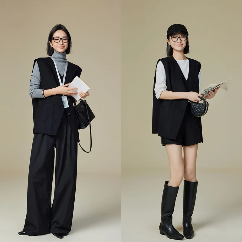 美洋MEIYANG 黑加仑毛呢马甲 羊绒羊毛V领百搭叠穿双面呢马夹Rsu