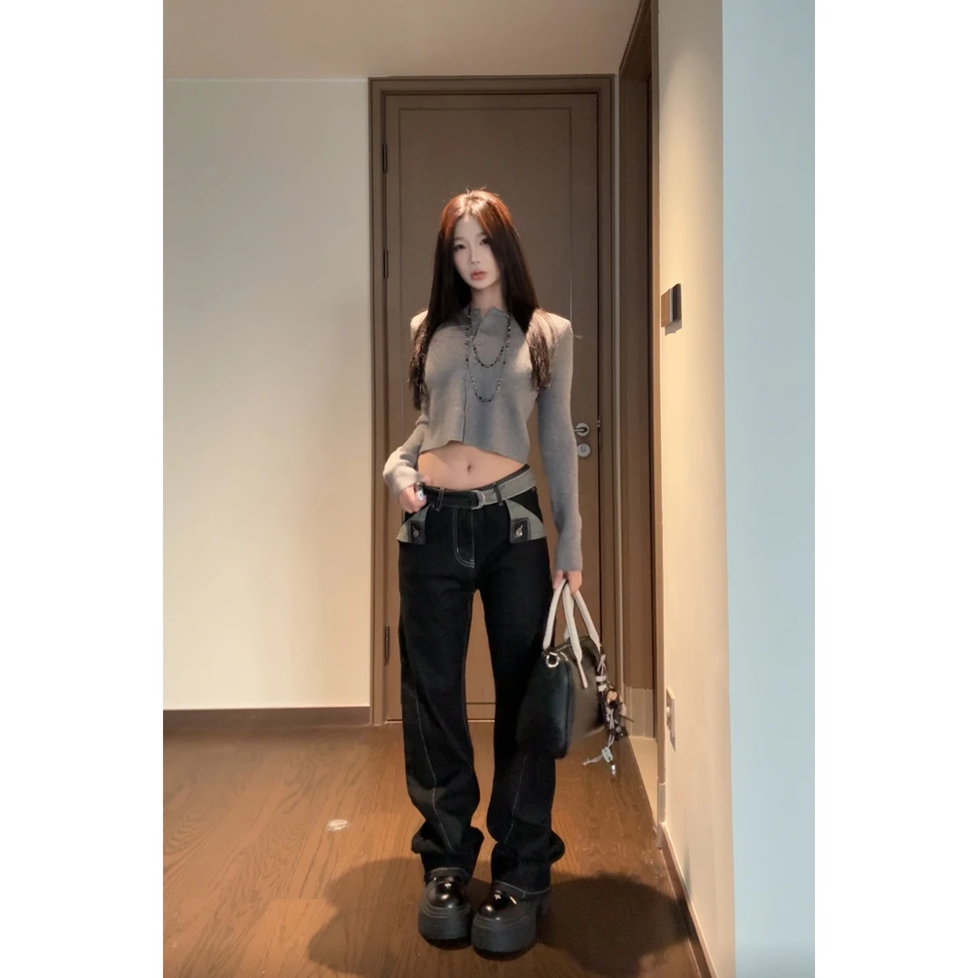 腰带复古格纹撞色拼接美式设计感弯刀阔腿高街牛仔裤秋冬潮流男女