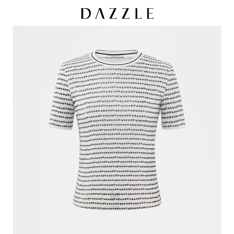 DAZZLE地素奥莱绣珠片经典黑白针织T恤短袖女2D1D303